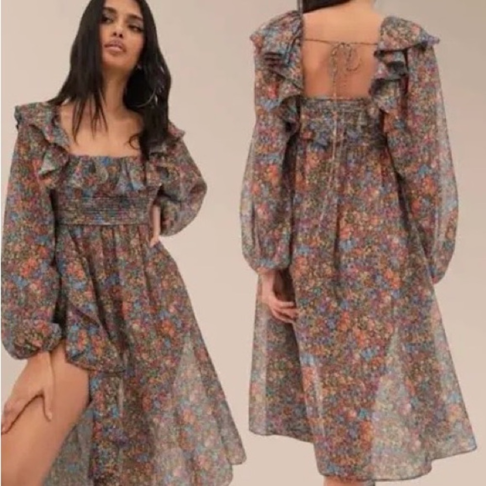 NWT For Love & Lemons Brittany Floral Print Long Sleeve Midi Dress Size M
